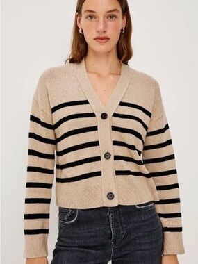 Rails Beige and Black Striped V-Neck Button Cardigan